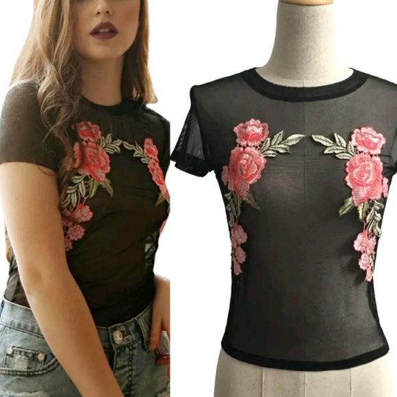 Brand New Rose Applique Black Crop Top - Picture 4 of 4